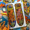 Inside cover of Jim Phillips - Skateboard Art of Jim Phillips featuring Santa Cruz Salba tiger deck.