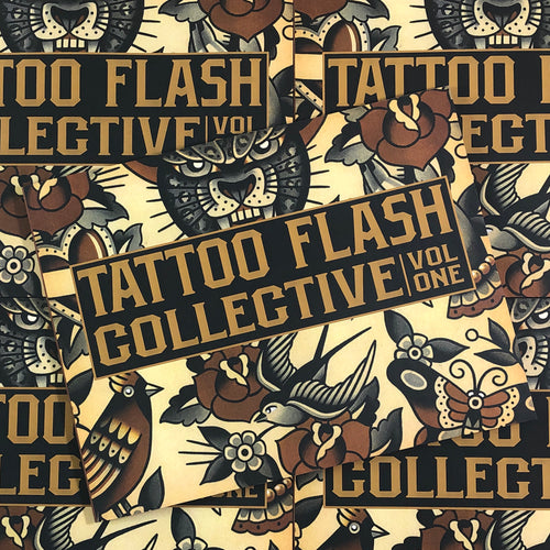 Front cover of Tattoo Flash Collective Vol One featuring traditional flash on a tan background 