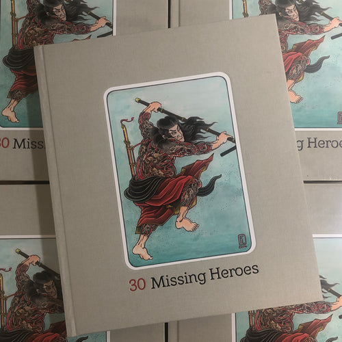 front cover of 30 Missing Heroes featuring a color drawing of a samurai on a gray hardcover