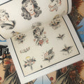 Inside pages of The Tattooers Almanac Vol. 1 featuring color drawings of pinup and military flash