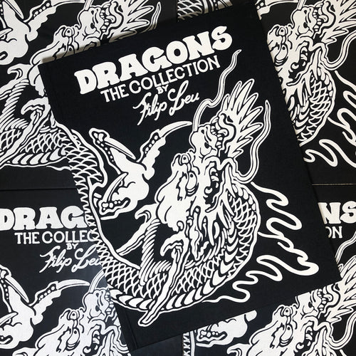 Front cover of Filip Leu - Dragons: The Collection featuring white lettering and a white dragon on a black background.