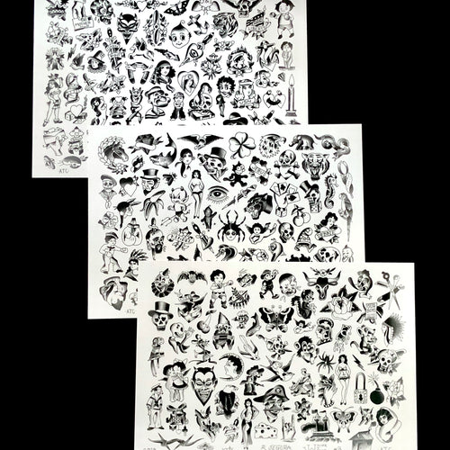 Austin Tattoo Co. Porkchop Set. An assortment of designs from spiders to Kewpies.