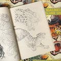 Inside pages of Brian Macneil - Lines Volume One featuring  a crouching tiger and open mouthed leopard. 