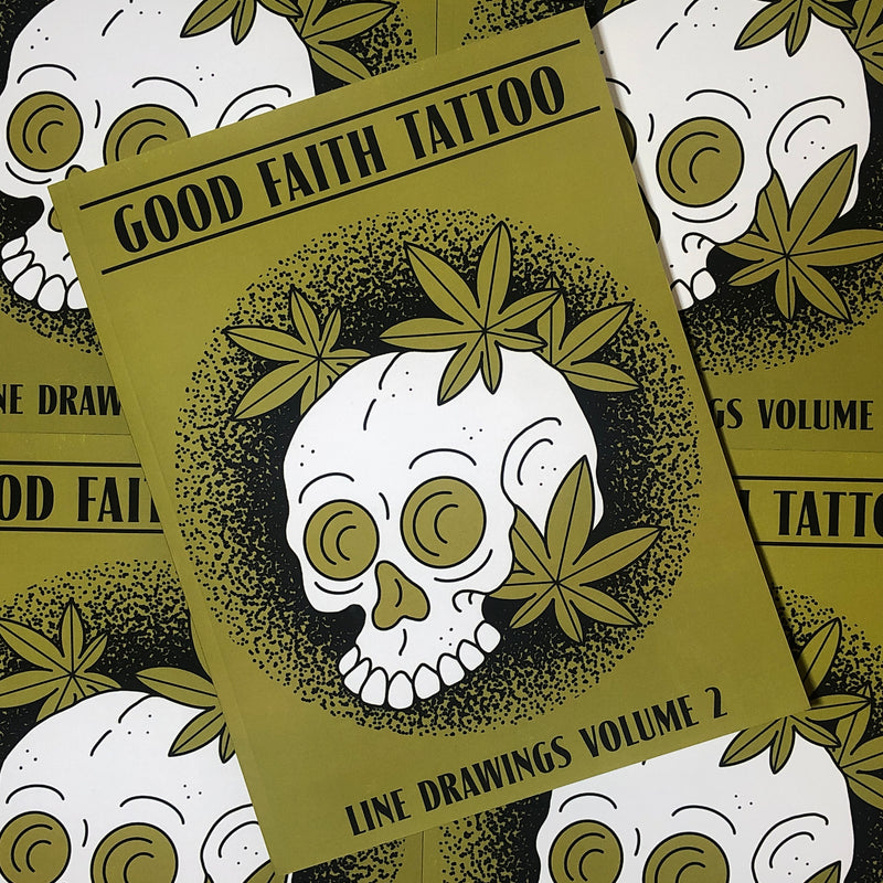 Front cover of Good Faith Tattoo - Line Drawings Volume 2 featuring a white skull surrounded by maple leaves, centered on an army green background.