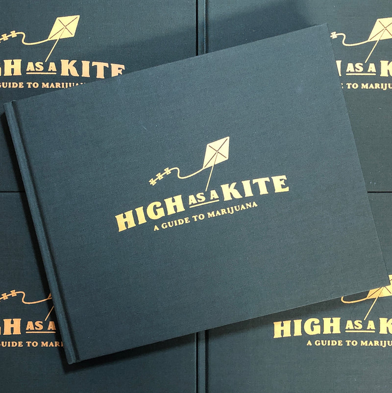 Front cover of Danny G - High as a Kite: A Guide to Marijuana featuring a yellow lettering and kite design on a deep green hardbound cover.