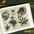 Inside pages of Danny G - High as a Kite: A Guide to Marijuana featuring cannabis-inspired flash from Josh Davis which includes skulls, women, a spider rolling a joint, and a sacred heart, among others.