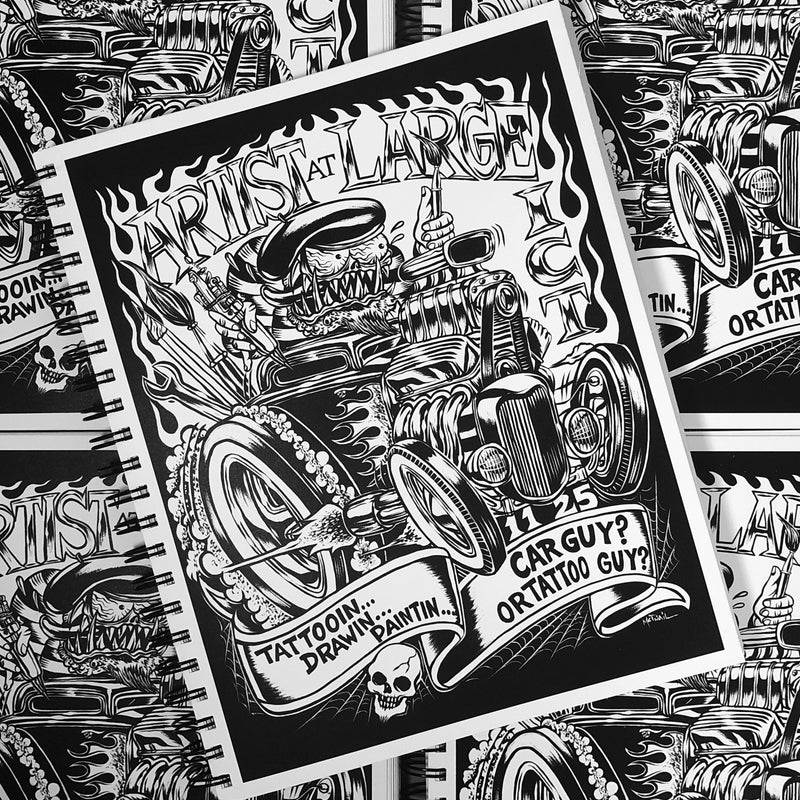 Front cover of Dennis McPhail - Artist at Large featuring black and white art of a dragster monster.
