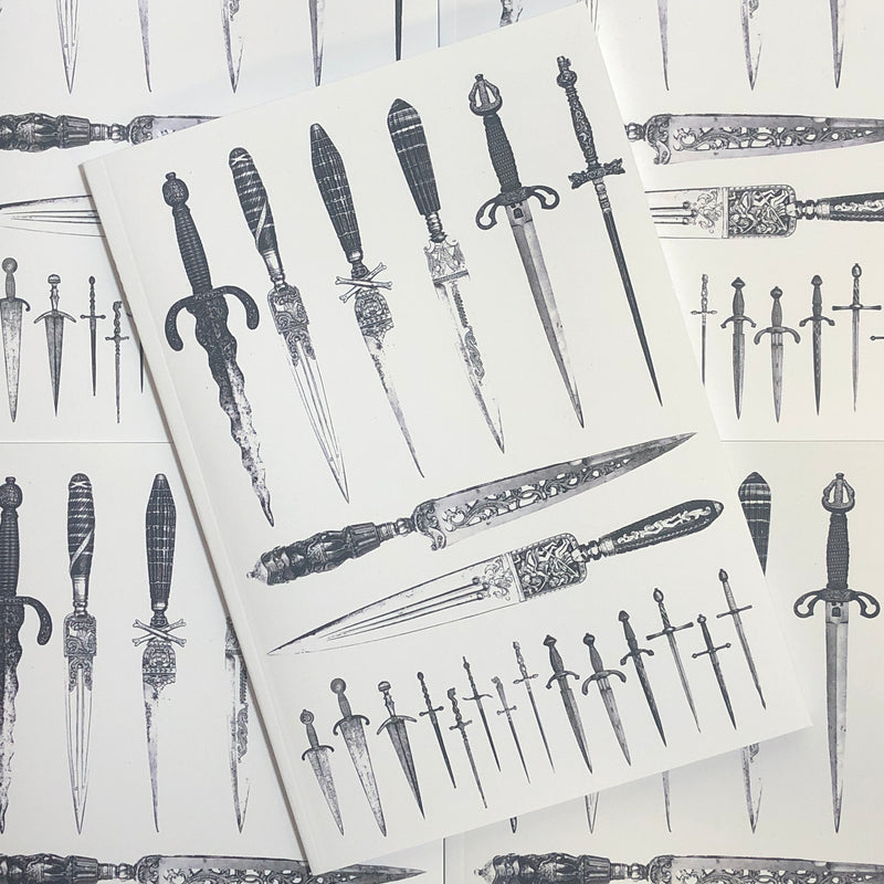 Front cover of Daggers featuring black depictions of an array of daggers on a white background.