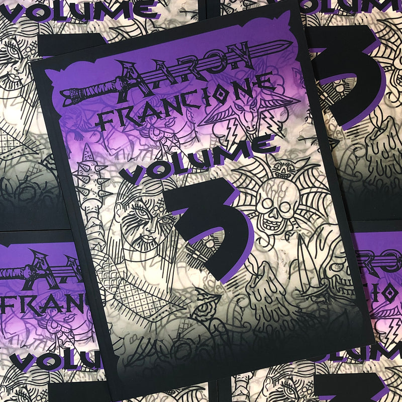 Front cover of Aaron Francione - Lines Vol. 3 featuring lines drawings of dark imagery over-imposed  on a purple and white gradient.