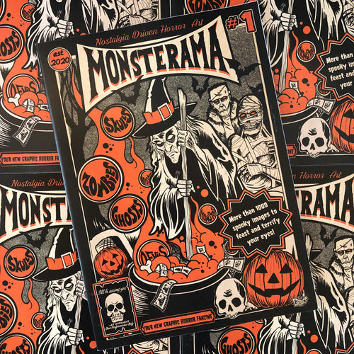 Front cover of Monsterama #1 by Allan Graves. Witch and pumpkins on cover.