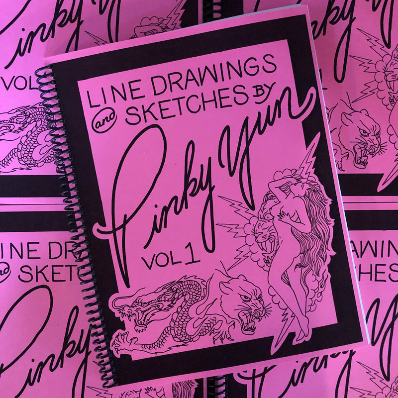 Belzel Books presents Line Drawings and Sketches by Pinky Yun Vol 1. Pink cover with line drawings of wild cats, a woman and a dragon.