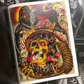 Inside page of Mike Destefano - The Book Of Death showcasing a trippy scene of a grim reaper in a noose, wide open mouth revealing an upwards staircase. Above the reaper caught in the noose is a flaying reaper holding a scythe, a portal for a face. Neon rainbow mushrooms grow to frame the two reapers. 