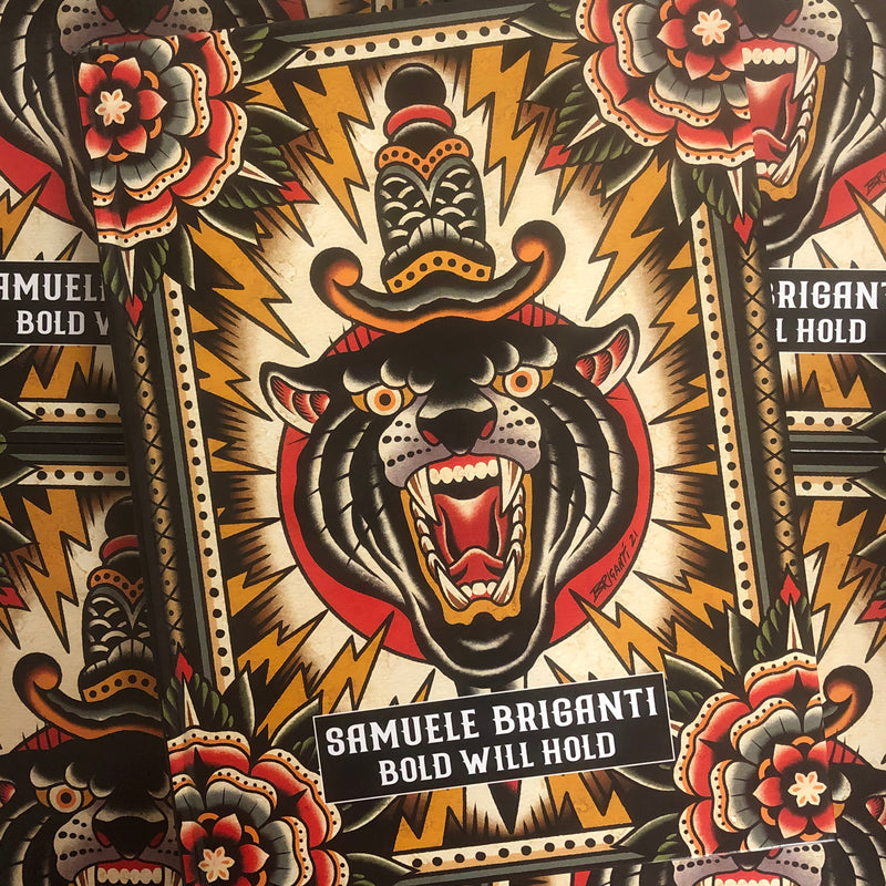 Cover of Samuele Briganti - Bold Will Hold presenting a black panther with its mouth open and a dagger running through its head. Surrounded by lightning bolts and traditional pinwheel flowers at all four corners. 