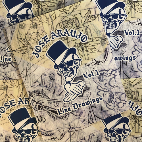 Front cover of Jose Araujo - Line Drawings Vol. 1 featuring a background collage of line drawings. In the foreground is a  blue and white logo of a skull with sunglasses, a top hat, and gloves with matching lettering around it.