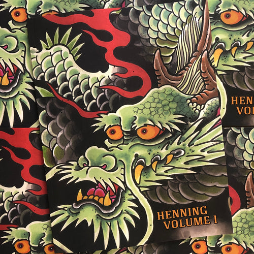 Front cover of Henning - Vol.1 presenting a green dragon and a large red flame. 