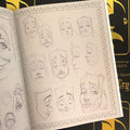 Inside pages of The Art of Johnny Quintana - Smile Now Cry Later featuring smiling and crying mask sketches.