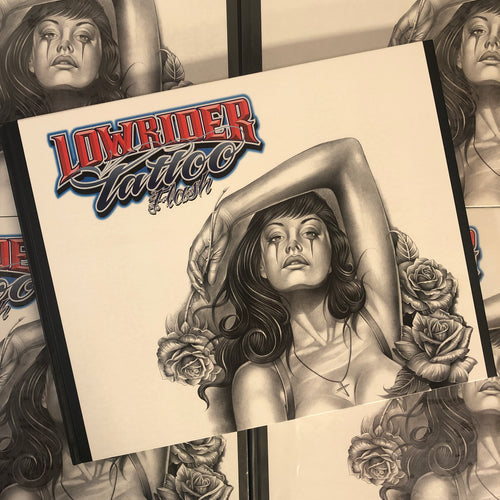 Front cover of Lowrider Tattoo Flash featuring a a beautiful woman with clown make up surrounded by roses.
