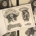 Inside pages of Lowrider Tattoo Flash featuring two women in different poses donning traditional Mexican revolution attire and "Santana" scripted at the bottom.