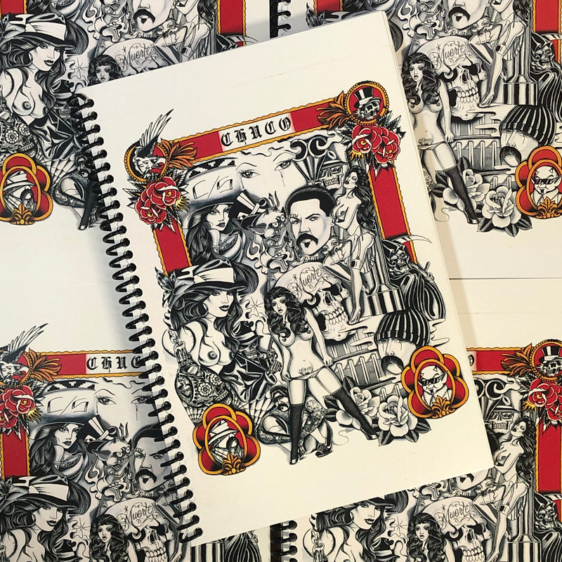 Front cover of the Chuco Sketchbook by Chuco Moreno featuring a collage of women and cholo imagery in Chicano style line drawings.