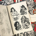 Inside pages of The Chuco Sketchbook by Chuco Moreno featuring line drawings of three women in different poses and a man being controlled by the grim reaper.
