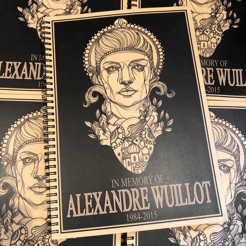 Front cover of In Memory of Alexandre Wuillot by Alex Wuillot. Featuring Neo-traditional tattoo sketches.